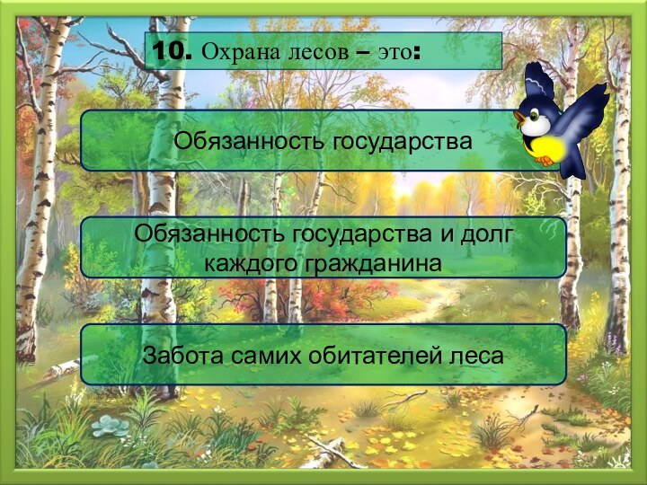 Обязанность государства и долг каждого гражданинаОбязанность государства Забота самих обитателей леса10.