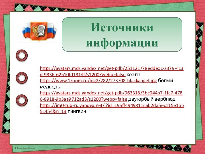 Источники информацииhttps://avatars.mds.yandex.net/get-pdb/251121/78edde0c-a379-4c3d-9336-62510fd1314f/s1200?webp=false коалаhttps://www.1zoom.ru/big2/282/273708-blackangel.jpg белый медведьhttps://avatars.mds.yandex.net/get-pdb/963318/3bc944b7-1fc7-4786-8918-9b3aa9712ad3/s1200?webp=false двугорбый верблюдhttps://im0-tub-ru.yandex.net/i?id=19aff4949811c6b2da5ec115e1bb5c45-l&n=13 пингвин