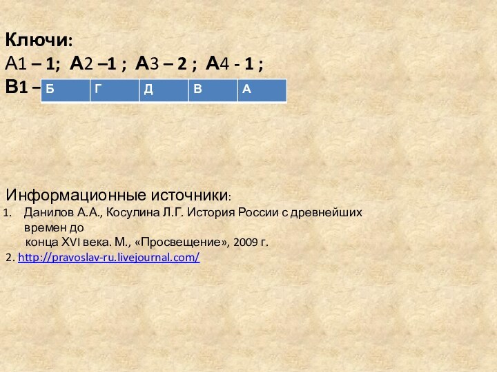 Ключи:А1 – 1; А2 –1 ; А3 – 2 ; А4 -