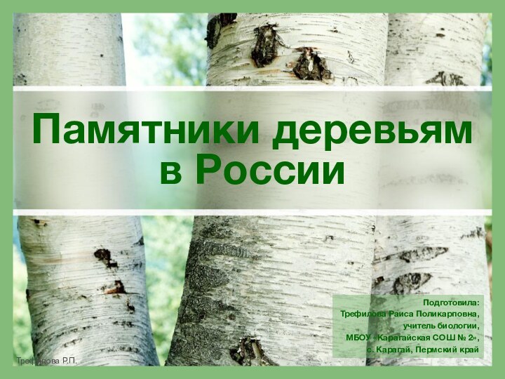 Подготовила: Трефилова Раиса Поликарповна,учитель биологии, МБОУ «Карагайская СОШ № 2»,с. Карагай, Пермский крайПамятники деревьям в России