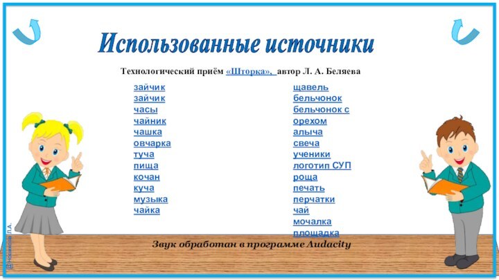 Использованные источники зайчикзайчикчасычайникчашкаовчаркатучапищакочанкучамузыкачайкащавельбельчонокбельчонок с орехомалычасвечаученикилоготип СУПрощапечатьперчаткичаймочалкаплощадкаТехнологический приём «Шторка», автор Л. А.