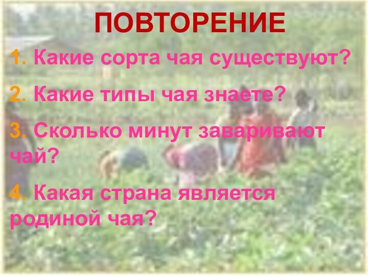 1. Какие сорта чая существуют?2. Какие типы чая знаете?3. Сколько минут заваривают