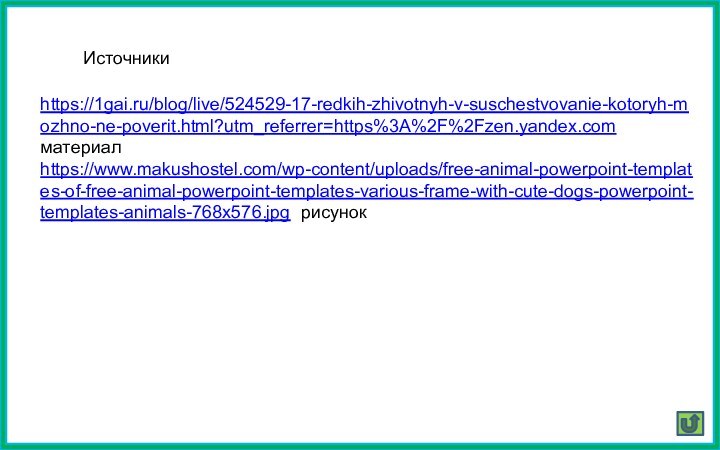 https://1gai.ru/blog/live/524529-17-redkih-zhivotnyh-v-suschestvovanie-kotoryh-mozhno-ne-poverit.html?utm_referrer=https%3A%2F%2Fzen.yandex.com материалhttps://www.makushostel.com/wp-content/uploads/free-animal-powerpoint-templates-of-free-animal-powerpoint-templates-various-frame-with-cute-dogs-powerpoint-templates-animals-768x576.jpg рисунок Источники