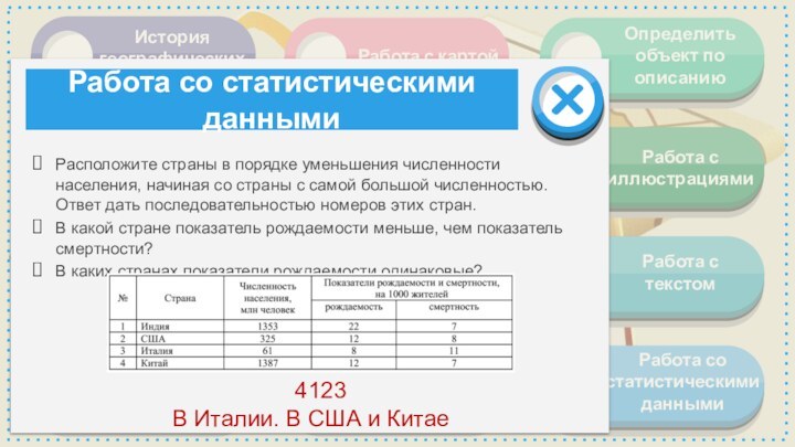 Работа со статистическими даннымиРасположите страны в порядке уменьшения численности населения, начиная со