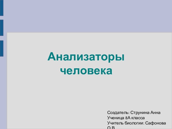 Анализаторы человекаСоздатель: Струнина АннаУченица 8А классаУчитель биологии: Сафонова О.В.