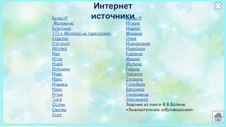 Буква И МальвинаБуратиноТП « Яблочко на тарелочке»Стрелка ЛоготипЯблоко 	Ива Игла Иней Игрушки