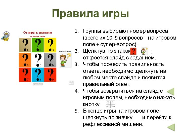 Правила игрыГруппы выбирают номер вопроса (всего их 10: 9 вопросов – на