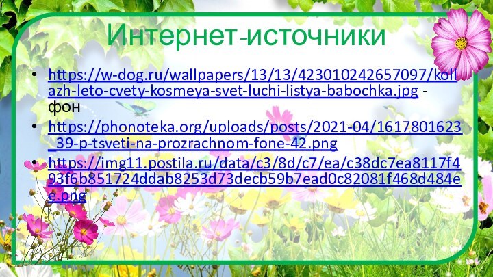 Интернет-источникиhttps://w-dog.ru/wallpapers/13/13/423010242657097/kollazh-leto-cvety-kosmeya-svet-luchi-listya-babochka.jpg - фонhttps://phonoteka.org/uploads/posts/2021-04/1617801623_39-p-tsveti-na-prozrachnom-fone-42.pnghttps://img11.postila.ru/data/c3/8d/c7/ea/c38dc7ea8117f493f6b851724ddab8253d73decb59b7ead0c82081f468d484ee.png