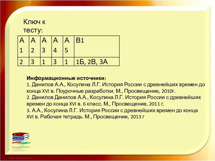 Ключ к тесту:Информационные источники:1. Данилов А.А., Косулина Л.Г. История России с древнейших