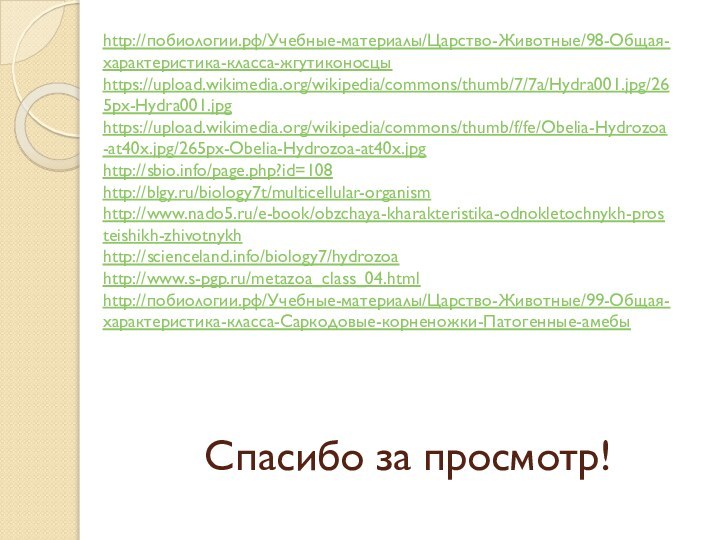 Спасибо за просмотр!http://побиологии.рф/Учебные-материалы/Царство-Животные/98-Общая-характеристика-класса-жгутиконосцы https://upload.wikimedia.org/wikipedia/commons/thumb/7/7a/Hydra001.jpg/265px-Hydra001.jpghttps://upload.wikimedia.org/wikipedia/commons/thumb/f/fe/Obelia-Hydrozoa-at40x.jpg/265px-Obelia-Hydrozoa-at40x.jpghttp://sbio.info/page.php?id=108 http://blgy.ru/biology7t/multicellular-organism http://www.nado5.ru/e-book/obzchaya-kharakteristika-odnokletochnykh-prosteishikh-zhivotnykh http://scienceland.info/biology7/hydrozoa http://www.s-pgp.ru/metazoa_class_04.html http://побиологии.рф/Учебные-материалы/Царство-Животные/99-Общая-характеристика-класса-Саркодовые-корненожки-Патогенные-амебы