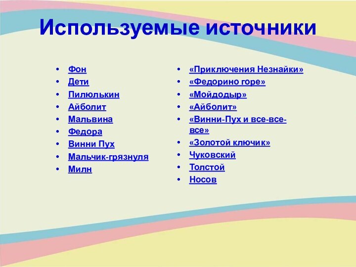 Используемые источникиФонДетиПилюлькинАйболитМальвинаФедораВинни ПухМальчик-грязнуляМилн«Приключения Незнайки»«Федорино горе»«Мойдодыр»«Айболит»«Винни-Пух и все-все-все»«Золотой ключик»ЧуковскийТолстойНосов