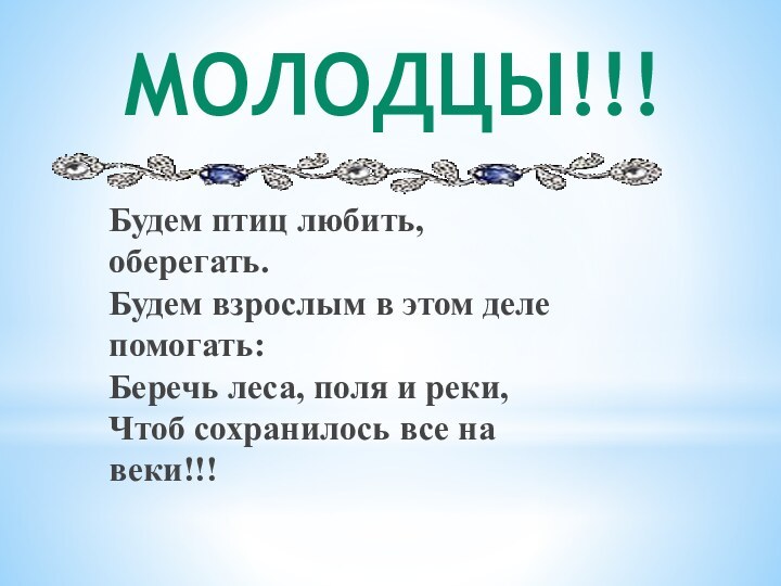 Молодцы!!!Будем птиц любить, оберегать. Будем взрослым в этом деле помогать: Беречь леса,