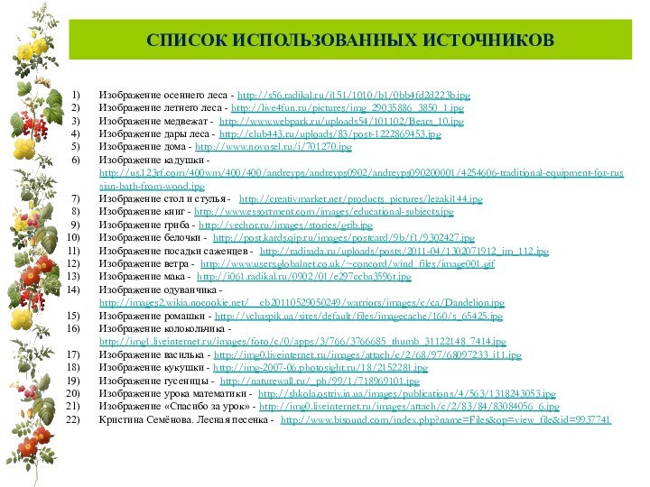 СПИСОК ИСПОЛЬЗОВАННЫХ ИСТОЧНИКОВИзображение осеннего леса - http://s56.radikal.ru/i151/1010/b1/0bb4fd2d223b.jpgИзображение летнего леса - http://live4fun.ru/pictures/img_29035886_3850_1.jpgИзображение медвежат