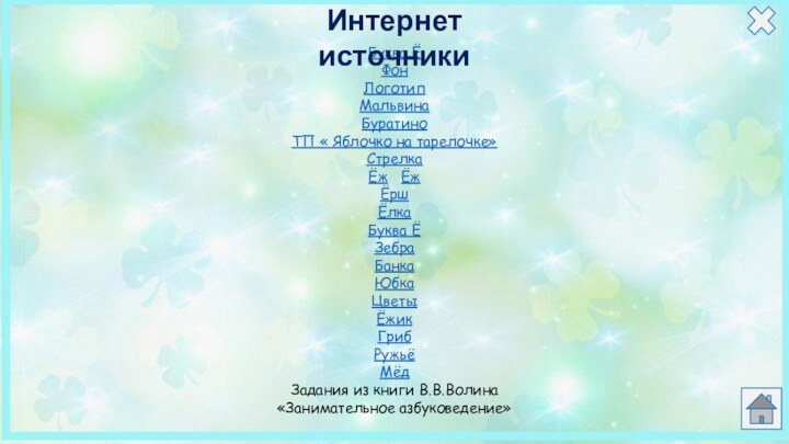 Буква ЁФонЛоготипМальвинаБуратиноТП « Яблочко на тарелочке»Стрелка Ёж  ЁжЁрш Ёлка Буква ЁЗебра