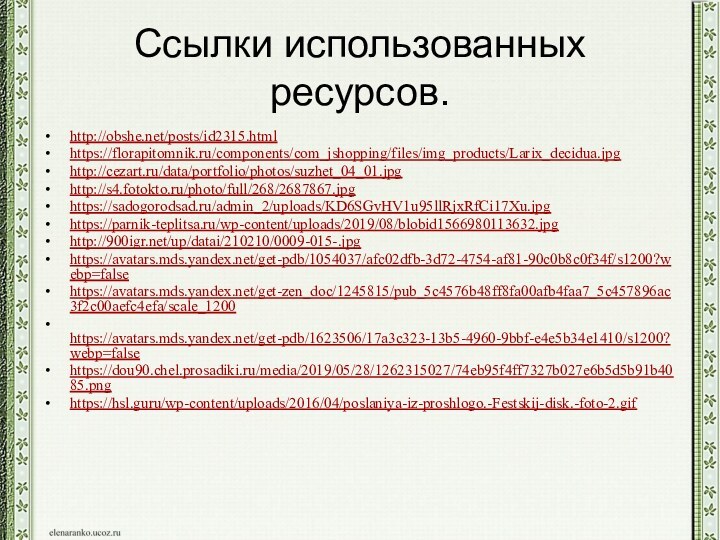 Ссылки использованных ресурсов.http://obshe.net/posts/id2315.html https://florapitomnik.ru/components/com_jshopping/files/img_products/Larix_decidua.jpghttp://cezart.ru/data/portfolio/photos/suzhet_04_01.jpg http://s4.fotokto.ru/photo/full/268/2687867.jpghttps://sadogorodsad.ru/admin_2/uploads/KD6SGvHV1u95llRjxRfCi17Xu.jpg https://parnik-teplitsa.ru/wp-content/uploads/2019/08/blobid1566980113632.jpg http:///up/datai/210210/0009-015-.jpg https://avatars.mds.yandex.net/get-pdb/1054037/afc02dfb-3d72-4754-af81-90c0b8c0f34f/s1200?webp=false https://avatars.mds.yandex.net/get-zen_doc/1245815/pub_5c4576b48ff8fa00afb4faa7_5c457896ac3f2c00aefc4efa/scale_1200 https://avatars.mds.yandex.net/get-pdb/1623506/17a3c323-13b5-4960-9bbf-e4e5b34e1410/s1200?webp=false https://dou90.chel.prosadiki.ru/media/2019/05/28/1262315027/74eb95f4ff7327b027e6b5d5b91b4085.png https://hsl.guru/wp-content/uploads/2016/04/poslaniya-iz-proshlogo.-Festskij-disk.-foto-2.gif