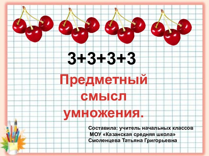 Предметный смысл умножения.3+3+3+3Составила: учитель начальных классов МОУ «Казанская средняя школа» Смоленцева Татьяна Григорьевна