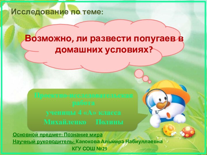 Возможно, ли развести попугаев в домашних условиях? Проектно-исследовательская работаученицы 4 «А» классаМихайленко