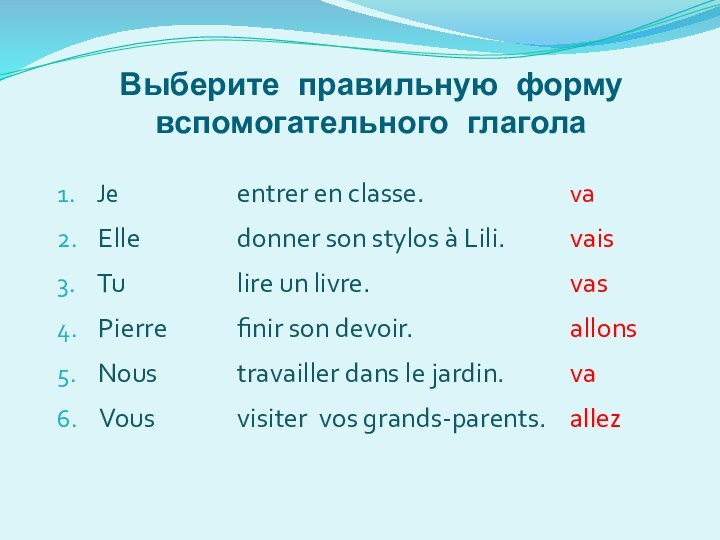 Выберите правильную форму вспомогательного глагола1.  Je entrer en classe.va2.  Elle