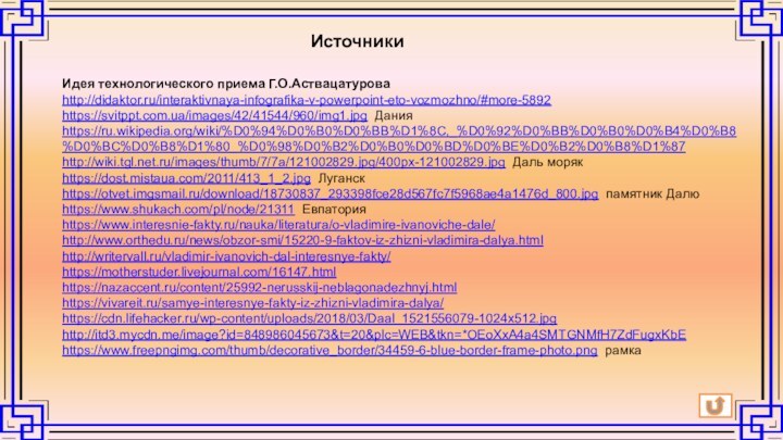 Идея технологического приема Г.О.Аствацатурова http://didaktor.ru/interaktivnaya-infografika-v-powerpoint-eto-vozmozhno/#more-5892 https://svitppt.com.ua/images/42/41544/960/img1.jpg Данияhttps://ru.wikipedia.org/wiki/%D0%94%D0%B0%D0%BB%D1%8C,_%D0%92%D0%BB%D0%B0%D0%B4%D0%B8%D0%BC%D0%B8%D1%80_%D0%98%D0%B2%D0%B0%D0%BD%D0%BE%D0%B2%D0%B8%D1%87 http://wiki.tgl.net.ru/images/thumb/7/7a/121002829.jpg/400px-121002829.jpg Даль морякhttps://dost.mistaua.com/2011/413_1_2.jpg Луганскhttps://otvet.imgsmail.ru/download/18730837_293398fce28d567fc7f5968ae4a1476d_800.jpg памятник