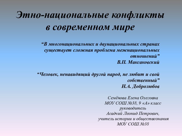 Этно-национальные конфликты в современном миреСемёнова Елена ОлеговнаМОУ СОШ №38, 9 «А» классруководительАсадчий