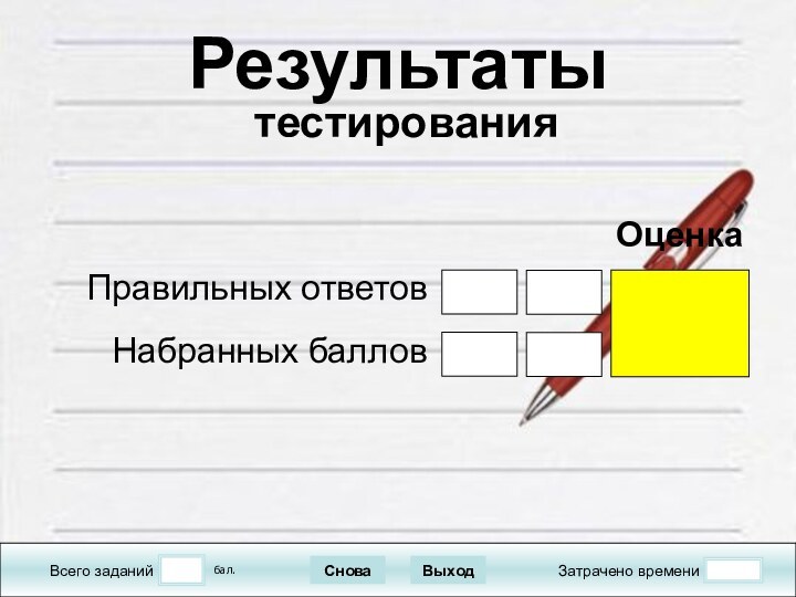 Всего заданийЗатрачено времениСноваВыходРезультаты  тестирования бал.Правильных ответовНабранных балловОценка