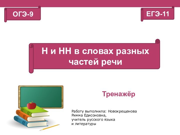 ОГЭ-9ЕГЭ-11ТренажёрН и НН в словах разных частей речиРаботу выполнила: Новокрещенова
