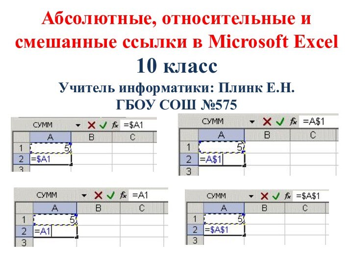 Абсолютные, относительные и смешанные ссылки в Microsoft Excel 10 класс Учитель информатики: