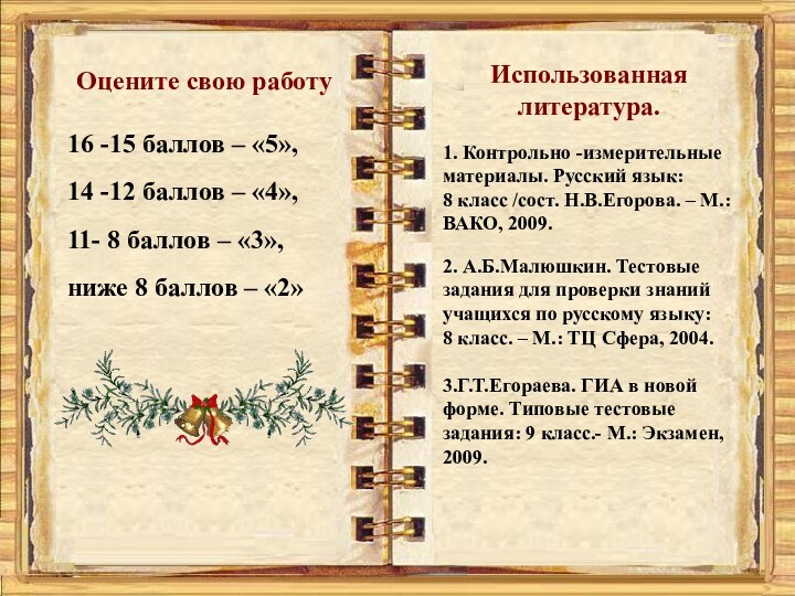 Использованная литература.1. Контрольно -измерительные материалы. Русский язык: 8 класс /сост. Н.В.Егорова. –