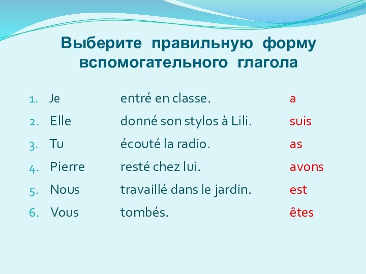 Выберите правильную форму вспомогательного глагола1.  Je entré en classe.a2.  Elle