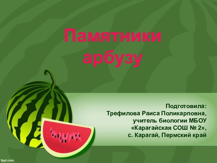 Памятники арбузуПодготовила:Трефилова Раиса Поликарповна,учитель биологии МБОУ «Карагайская СОШ № 2»,с. Карагай, Пермский край