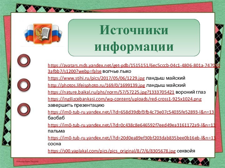 https://avatars.mds.yandex.net/get-pdb/1515151/6ec5cccb-04c1-4806-801a-7470203afbb7/s1200?webp=false волчье лыкоhttps://www.stihi.ru/pics/2017/05/06/1229.jpg ландыш майскийhttp://photos.lifeisphoto.ru/169/0/1699139.jpg ландыш майскийhttps://nature.baikal.ru/phs/norm/57/57225.jpg?1333705421 вороний глазhttps://ingilizcebankasi.com/wp-content/uploads/red-cross1-925x1024.png завершить презентациюhttps://im0-tub-ru.yandex.net/i?id=658d39dbf3fb4c73e07c54035fe52893-l&n=13 баобабhttps://im0-tub-ru.yandex.net/i?id=0c438c8e646592f7eed49ea3161172a9-l&n=13 пальмаhttps://im0-tub-ru.yandex.net/i?id=20d0ea89ef30bf203dab835bee0b16eb-l&n=13 соснаhttps://s00.yaplakal.com/pics/pics_original/8/7/6/8305678.jpg секвойяИсточники информации