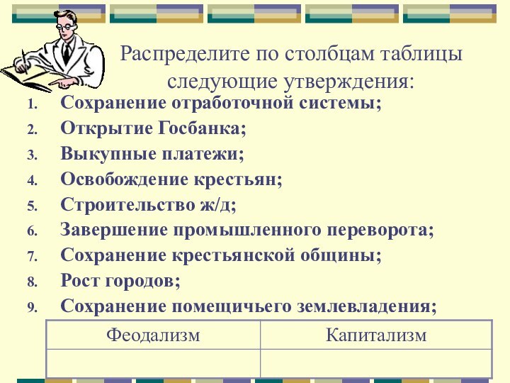 Распределите по столбцам таблицы следующие утверждения:Сохранение отработочной системы;Открытие Госбанка;Выкупные платежи;Освобождение крестьян;Строительство ж/д;Завершение