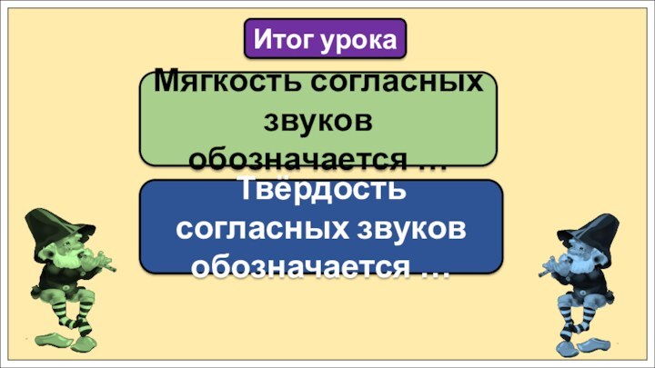 Мягкость согласных звуков обозначается …Итог урокаТвёрдость согласных звуков обозначается …