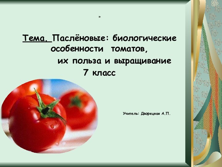 » Тема. Паслёновые: биологические особенности томатов,    их польза и выращивание7
