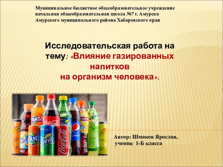 Исследовательская работа на тему: «Влияние газированных напитков на организм человека».Муниципальное бюджетное общеобразовательное