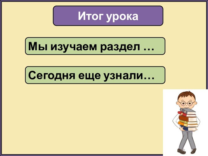 Итог урокаМы изучаем раздел …Сегодня еще узнали…