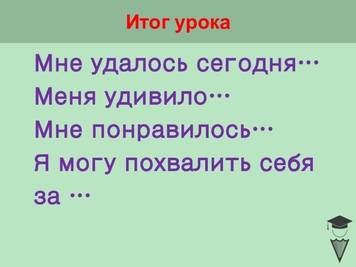 Итог урокаМне удалось сегодня…Меня удивило…Мне понравилось…Я могу похвалить себя за …