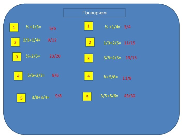 Выполните действия1½ +1/3=1½ +1/4=22/3+1/4=21/3+2/5=3¾+2/5=33/5+2/3=45/6+2/3=4¾+5/8=53/8+3/4=53/5+5/6=Проверяем5/63/49/1211/1523/2019/159/611/89/843/30