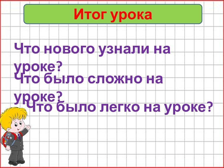 Итог урокаЧто нового узнали на уроке?Что было сложно на уроке?Что было легко на уроке?