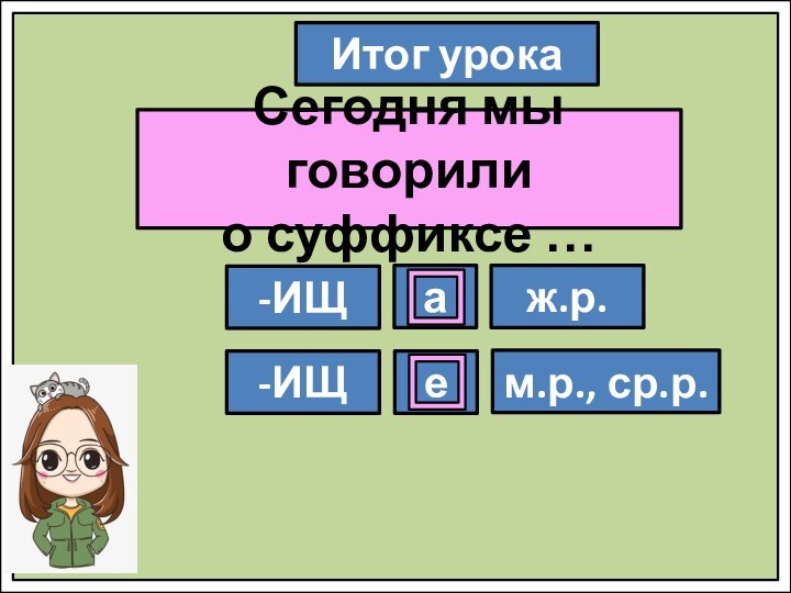 Итог урокаСегодня мы говорили о суффиксе …-ИЩ-ИЩаеж.р.м.р., ср.р.