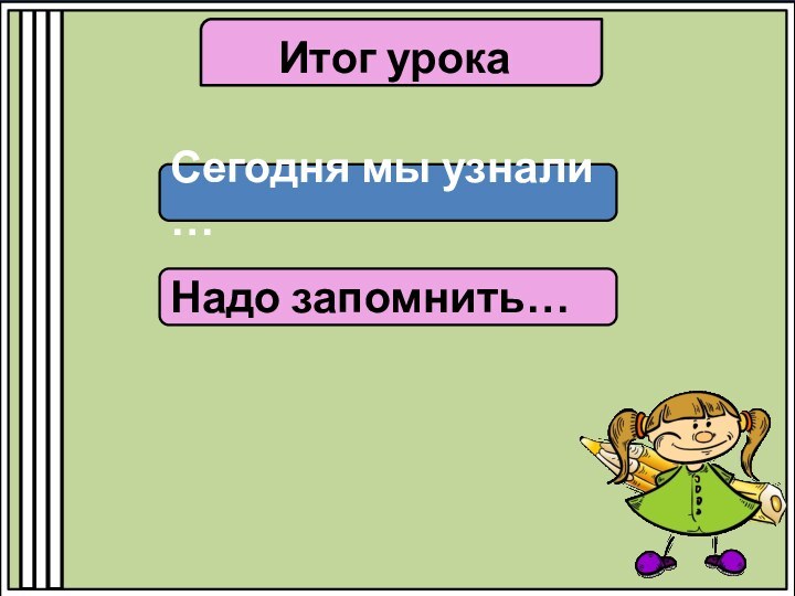 Итог урокаСегодня мы узнали …Надо запомнить…