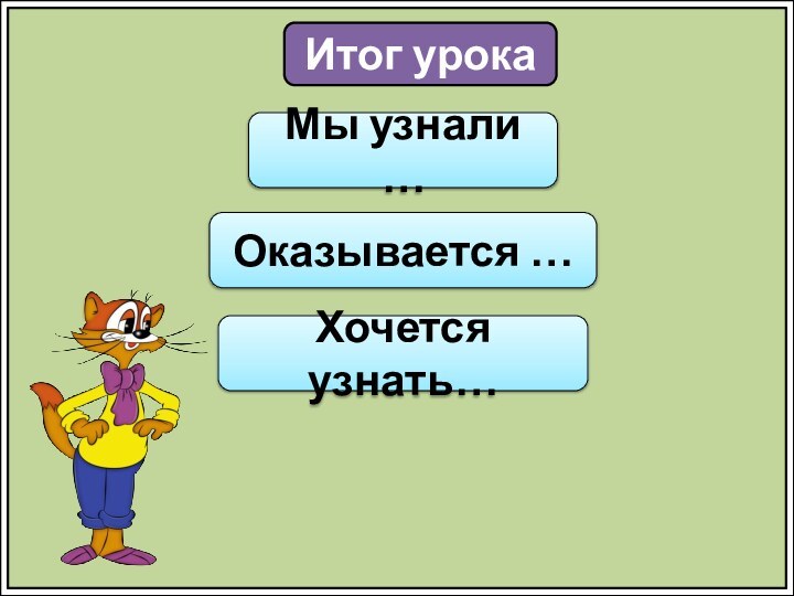 Итог урокаМы узнали …Оказывается …Хочется узнать…