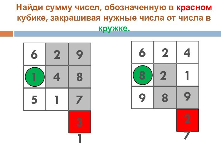 Найди сумму чисел, обозначенную в красном кубике, закрашивая нужные числа от числа в кружке.3117518462927989821426