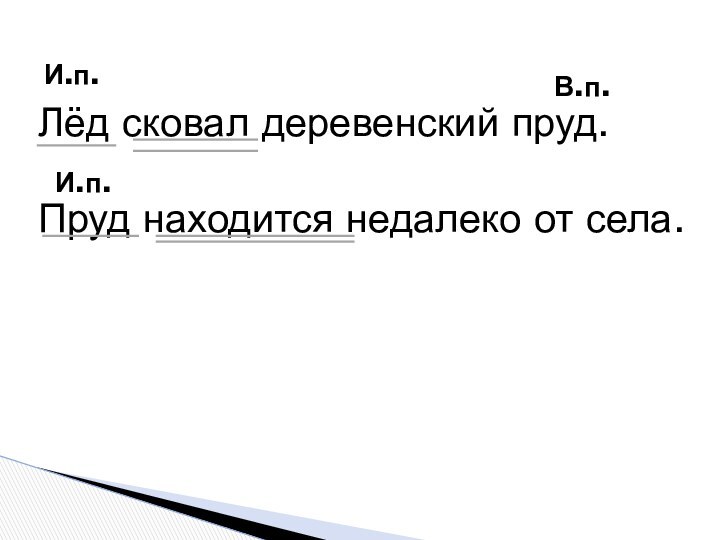 Лёд сковал деревенский пруд.Пруд находится недалеко от села.И.п.В.п.И.п.