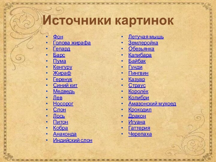 Источники картинокФонГолова жирафаГепардБарсПумаКенгуруЖирафГеренукСиний китМедведьЛевНосорогСлонЛосьПитонКобраАнакондаИндийский слонЛетучая мышьЗемлеройкаОбезьянкаКапибараБайбакГундиПингвинКазуарСтраусКоролёкКолибриАмазонский мухоедКрокодилДраконИгуанаГаттерияЧерепаха