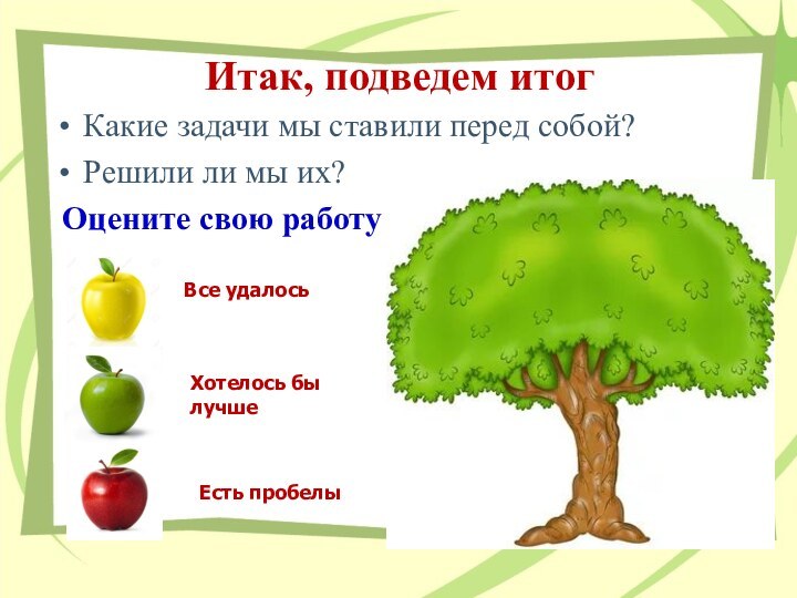 Итак, подведем итогКакие задачи мы ставили перед собой?Решили ли мы их? Оцените