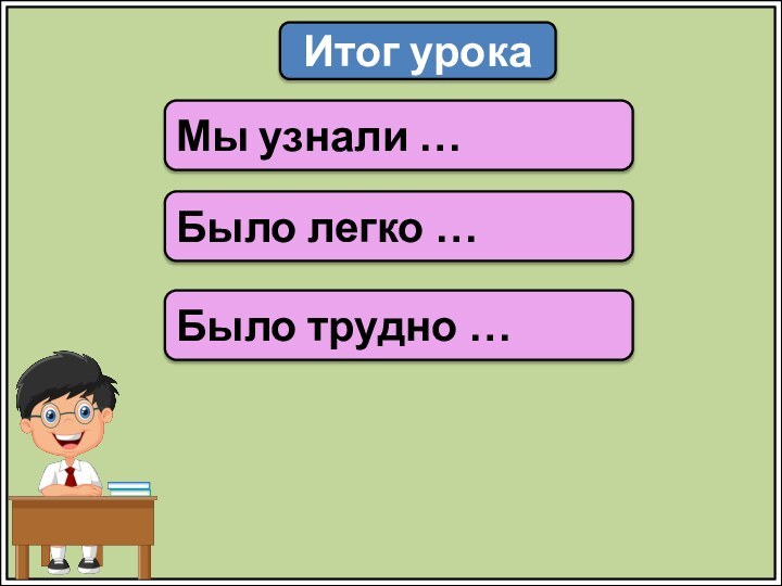 Итог урокаМы узнали …Было легко …Было трудно …