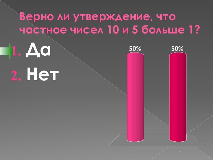 Верно ли утверждение, что частное чисел 10 и 5 больше 1?ДаНет