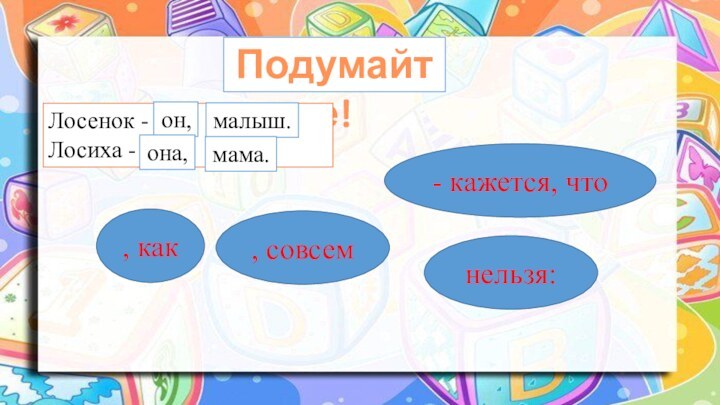 Подумайте!Лосенок - …...Лосиха - ….. он, малыш. она, мама., как, совсем- кажется, чтонельзя: