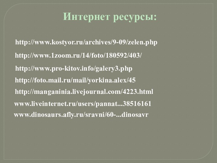 Интернет ресурсы:http://manganinia.livejournal.com/4223.htmlhttp://www.kostyor.ru/archives/9-09/zelen.phphttp://www.pro-kitov.info/galery3.phpwww.dinosaurs.afly.ru/sravni/60-...dinosavrwww.liveinternet.ru/users/pannat...38516161http://foto.mail.ru/mail/yorkina.alex/45http://www.1zoom.ru/14/foto/180592/403/